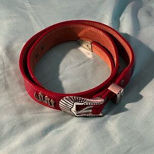 Red Leather Belt with Silver design and Buckle Made in the USA